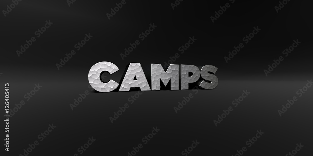 CAMPS - hammered metal finish text on black studio - 3D rendered royalty free stock photo. This image can be used for an online website banner ad or a print postcard.