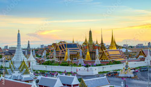Grand palace and Wat phra keaw at sunset bangkok, Thailand. Beautiful Landmark of Thailand. Temple of the Emerald Buddha.
