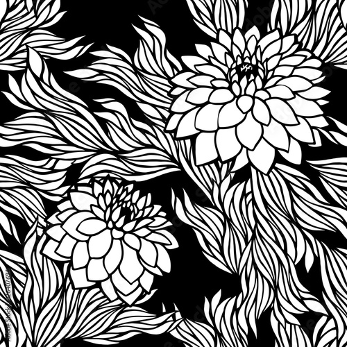 Fototapeta Naklejka Na Ścianę i Meble -  Vector seamless floral pattern black and white monochrome