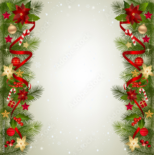 Christmas background with fir branch border and decoration