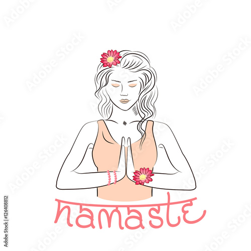 Welcome gesture of hands of Indian woman character in Namaste mudra  banner