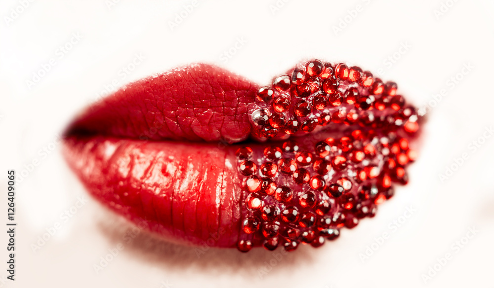 Passionate red lips, macro photography gloss, glitter Passionate red lips, macro photography gloss, glitter
