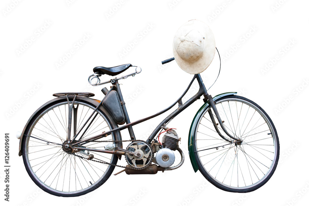 Retro styled of bicycle and classic white hat isolated on a white background.Saved with clipping path.