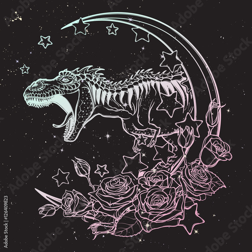 Detailed sketch style drawing of the roaring tyrannosaurus rex on a Moon and roses frame. Tattoo design. Concept art drawing. Sketch Isolated on balack night sky background. EPS10 vector illustration.