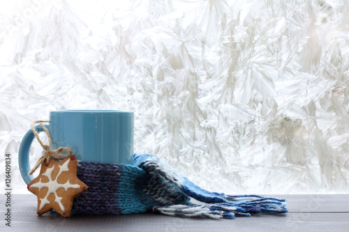 drinks for the winter season/ blue mug with a warm scarf and homemade cakes on the background of frozen window 