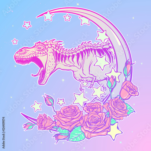 Detailed sketch style drawing of the roaring tyrannosaurus rex on Kawaii Moon and roses frame. Tattoo design. Concept art drawing. Pastel goth pallette. EPS10 vector illustration.
