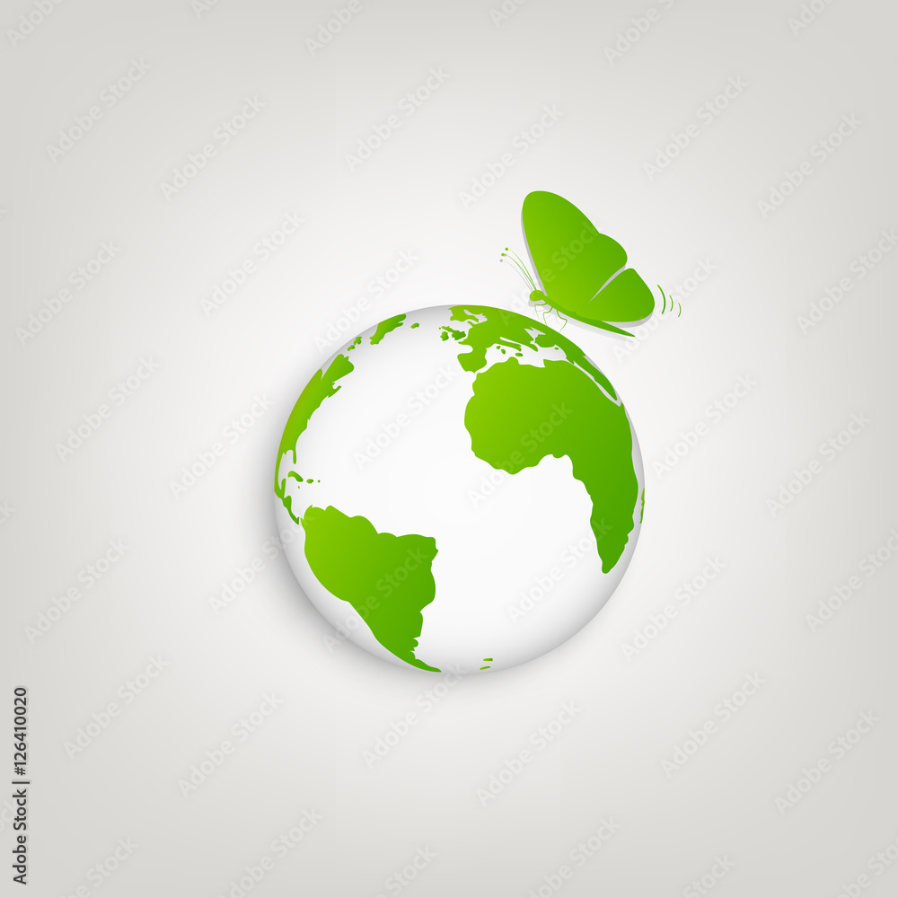 Green world with butterfly for environmental and ecology friendly concept, vector illustration