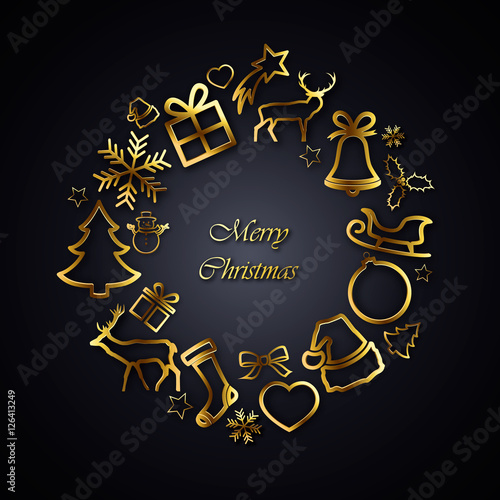 Christmas gold wreath with decorations on black background