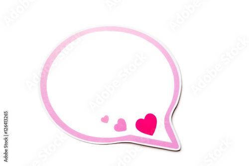 Speech bubble with pink hearts and border isolated on white background. Copy space