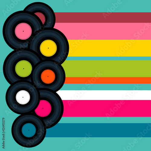 Vinyl record Vector illustration Vinyl records on striped colorful background Flat design
