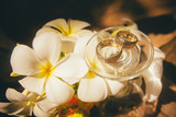 bridal golden rings lay on the glass near white tropical flowers