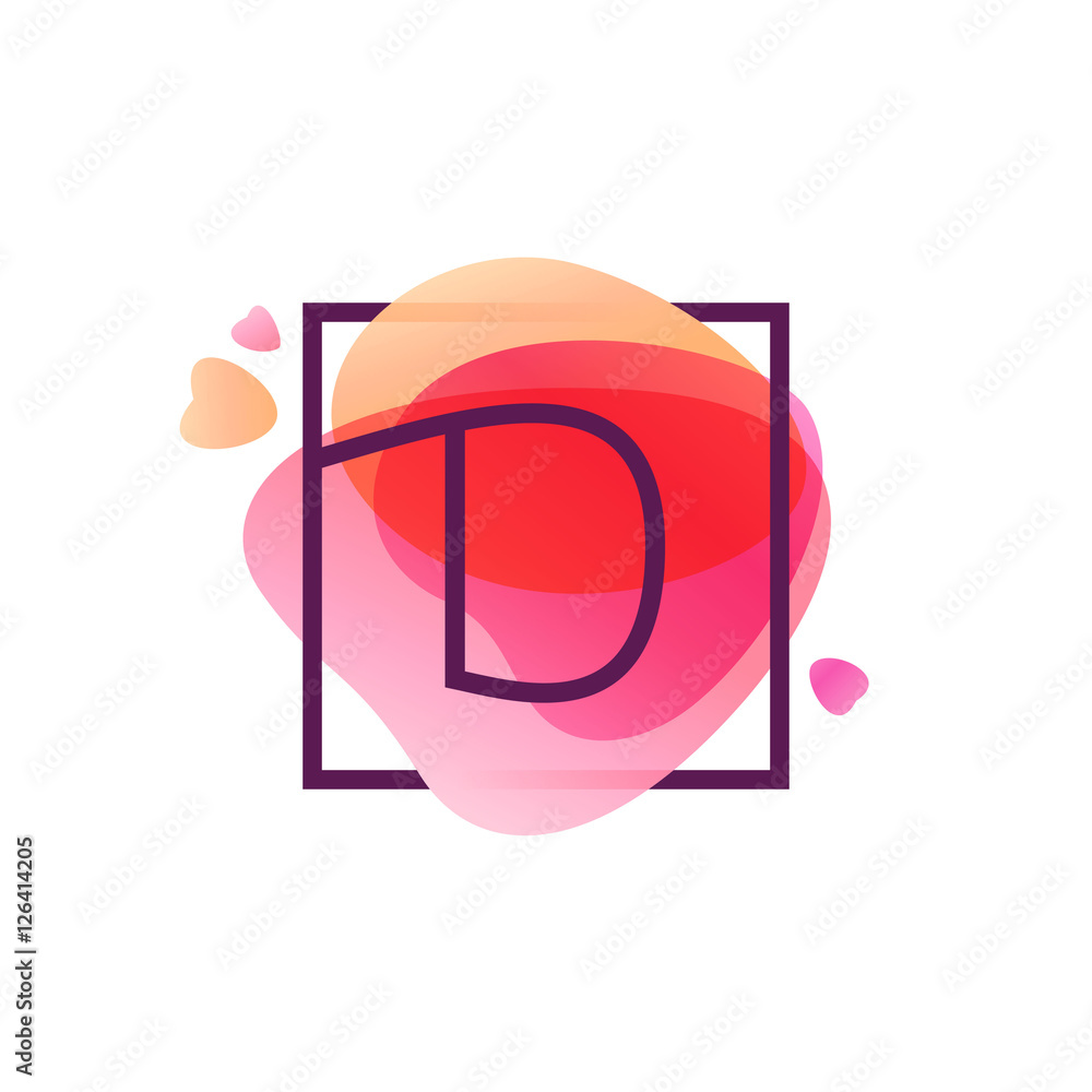 D letter logo in square frame at pink watercolor background. D letter logo in square frame at pink watercolor background.