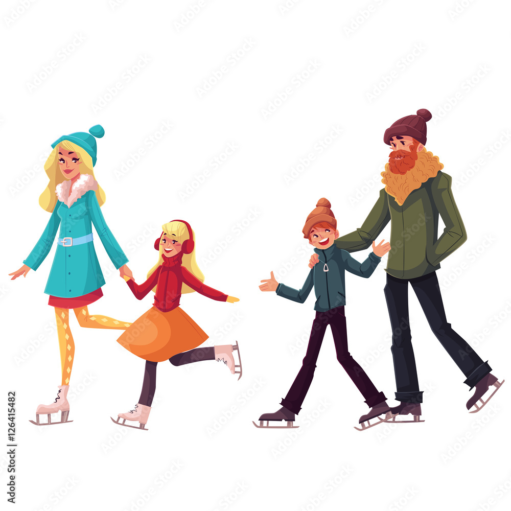 Happy family of father, mother, sister and son ice skating together, cartoon vector illustrations isolated on white background. Happy, cheerful cartoon style family skating, winter activity