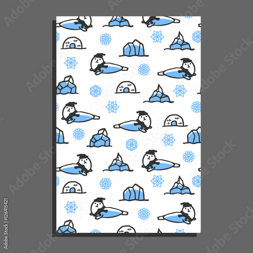 Greeting card template with cute cartoon seal. Vector doodle seals  snowflakes  and icebergs. Arctic animal wears scarf