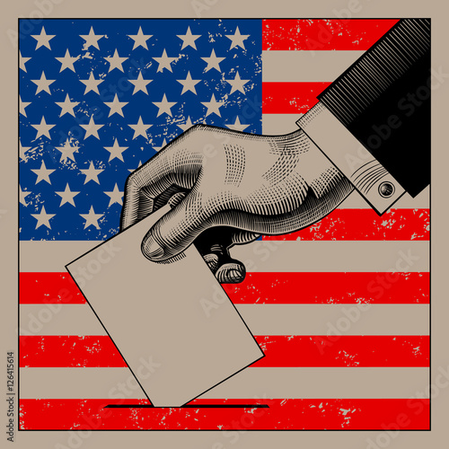Hand putting voting paper on the USA flag background