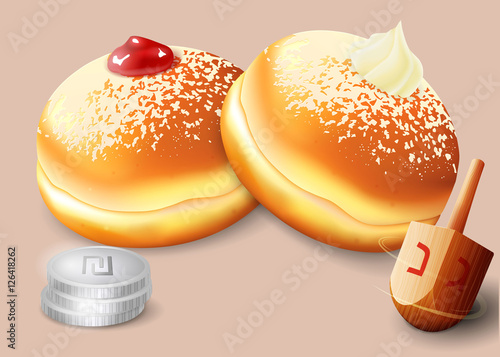 Vector illustration of jewish holiday Hanukkah with traditional donuts and wooden spinning top and coins.