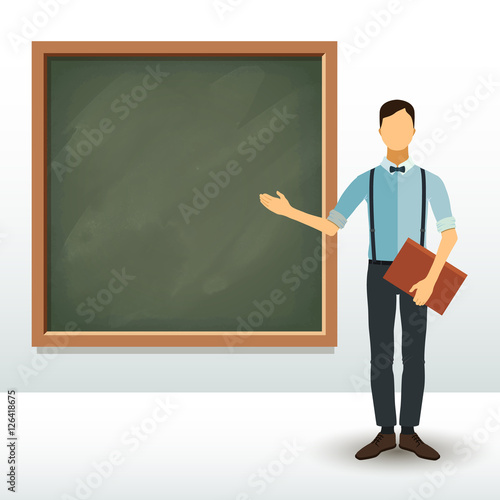 Teacher at the blackboard. A young man in a flat style