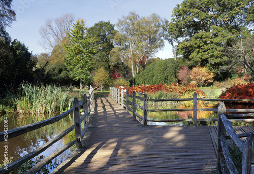 English landscape garden with wooden footbridge over a pond