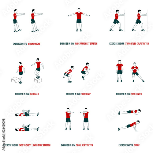 Fitness, Aerobic and workout exercise in gym. Vector set of workout icons in flat style isolated on white background.