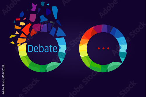 The debate or discussion concept. Broken colorful pieces in the shape of dialog cloud round icon. Point of view sign. Mosaic pattern. Isolated abstract graphic design template. Stained-glass texture.