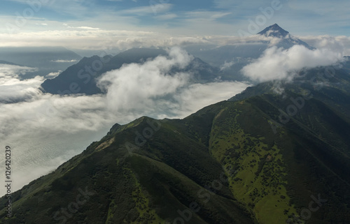 Avacha Bay and Vilyuchinsky stratovolcano. South Kamchatka Nature Park.