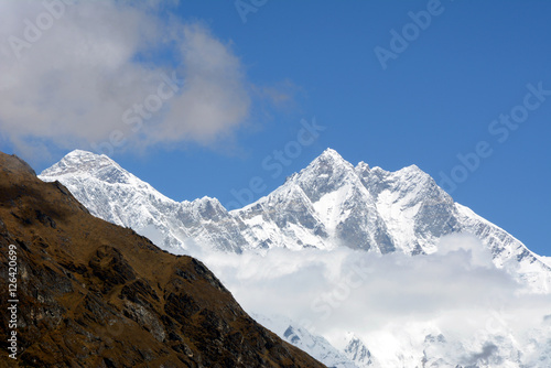 Mount Everest and Lhotse peaks  hiking in Khumbu Valley in Himalayas mountains  Everest Base Camp trek  Nepal.