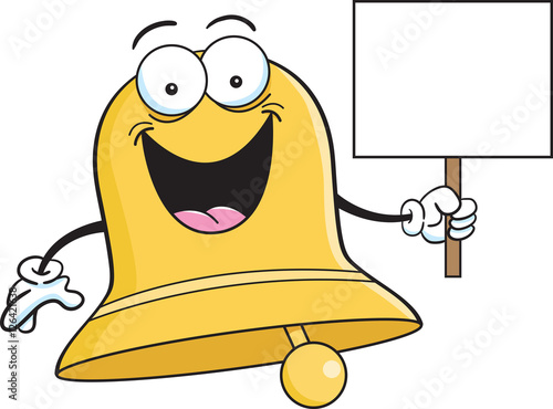 Cartoon illustration of a smiling bell holding a sign.