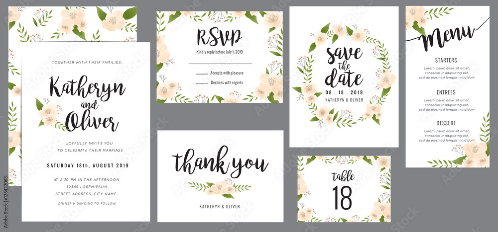 Set of wedding suite template decorate with wreath flowers. Save the date, wedding invitation, wedding menu, thank you card. Vector illustration. - obrazy, fototapety, plakaty 