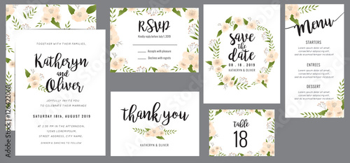Set of wedding suite template decorate with wreath flowers. Save the date, wedding invitation, wedding menu, thank you card. Vector illustration.