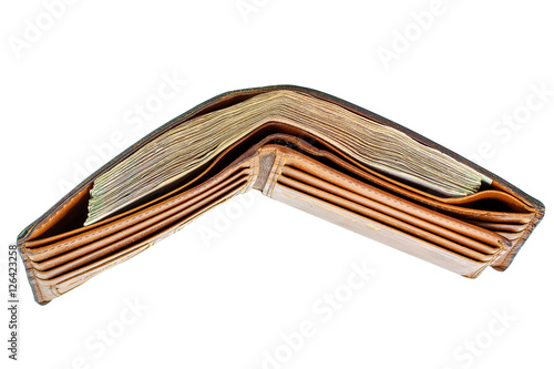 black leather wallet with money isolated on white background