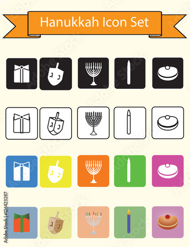 Hanukkah - Jewish religion holiday color and b w icon set symbols Menorah  Dreidel  Doughnut  candle  gift