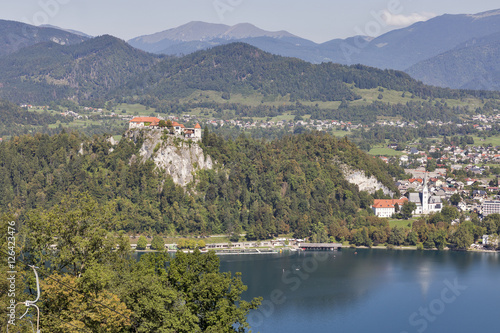 Castle and St. Martins Church overlooking Bled Lake in Slovenia.