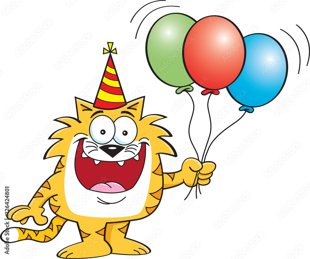 Cartoon illustration of a smiling cat holding balloons.