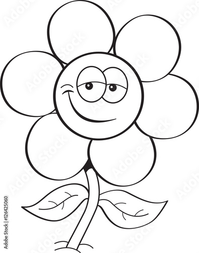 Black and white illustration of a smiling flower.