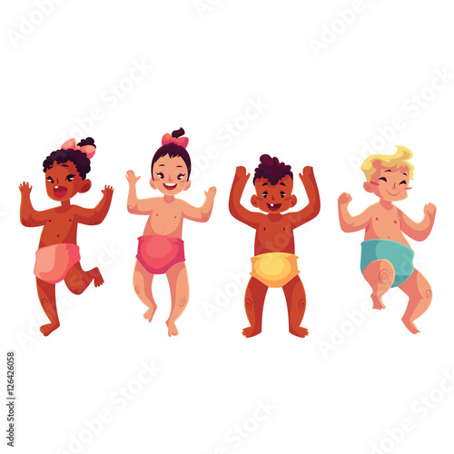 Set of cute little babies, boys and girls, dancing happily, cartoon style vector illustrations isolated on white background. Little kids, children, babies dancing from happiness with raised hands