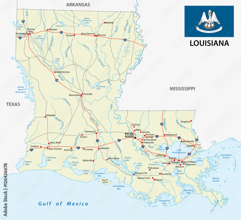 road map of the US American Federal State Louisiana with Flag