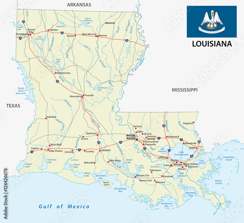 road map of the US American Federal State Louisiana with Flag