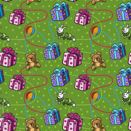 Patrón infantil con regalos y juguetes sobre un fondo verde