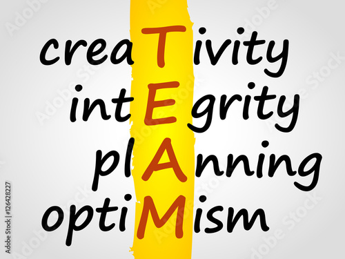 TEAM acronym. Business concept. Creativity, integrity, planning, optimism.