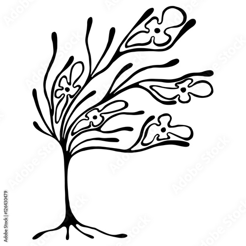 Vector hand drawn illustration, decorative ornamental stylized tree. Black and white graphic illustration isolated on the white background. Inc drawing silhouette. Decorative artistic ornamental wood