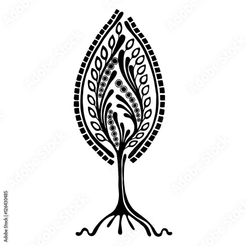 Vector hand drawn illustration, decorative ornamental stylized tree. Black and white graphic illustration isolated on the white background. Inc drawing silhouette. Decorative artistic ornamental wood