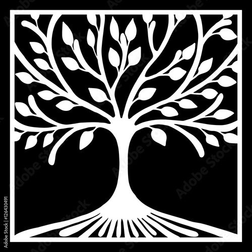 Vector hand drawn illustration, decorative ornamental stylized tree. Black and white graphic illustration isolated on the white background. Inc drawing silhouette. Decorative artistic ornamental wood