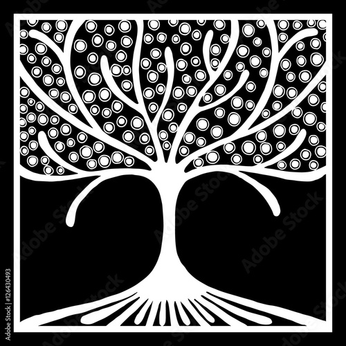 Vector hand drawn illustration, decorative ornamental stylized tree. Black and white graphic illustration isolated on the white background. Inc drawing silhouette. Decorative artistic ornamental wood