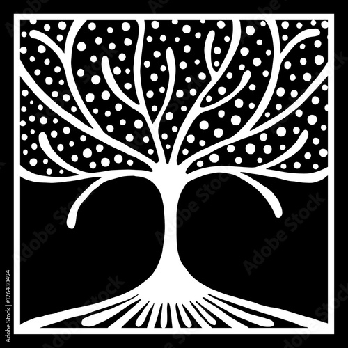 Vector hand drawn illustration, decorative ornamental stylized tree. Black and white graphic illustration isolated on the white background. Inc drawing silhouette. Decorative artistic ornamental wood