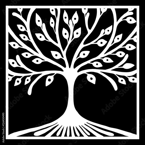 Vector hand drawn illustration, decorative ornamental stylized tree. Black and white graphic illustration isolated on the white background. Inc drawing silhouette. Decorative artistic ornamental wood