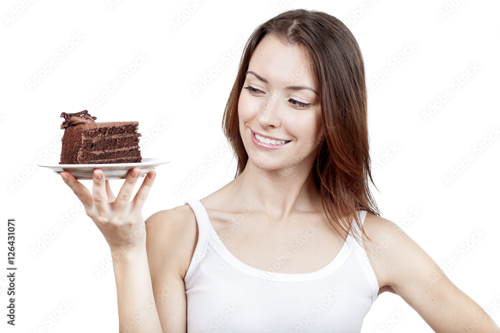 young woman holding piece of chocolate cake young woman holding piece of chocolate cake