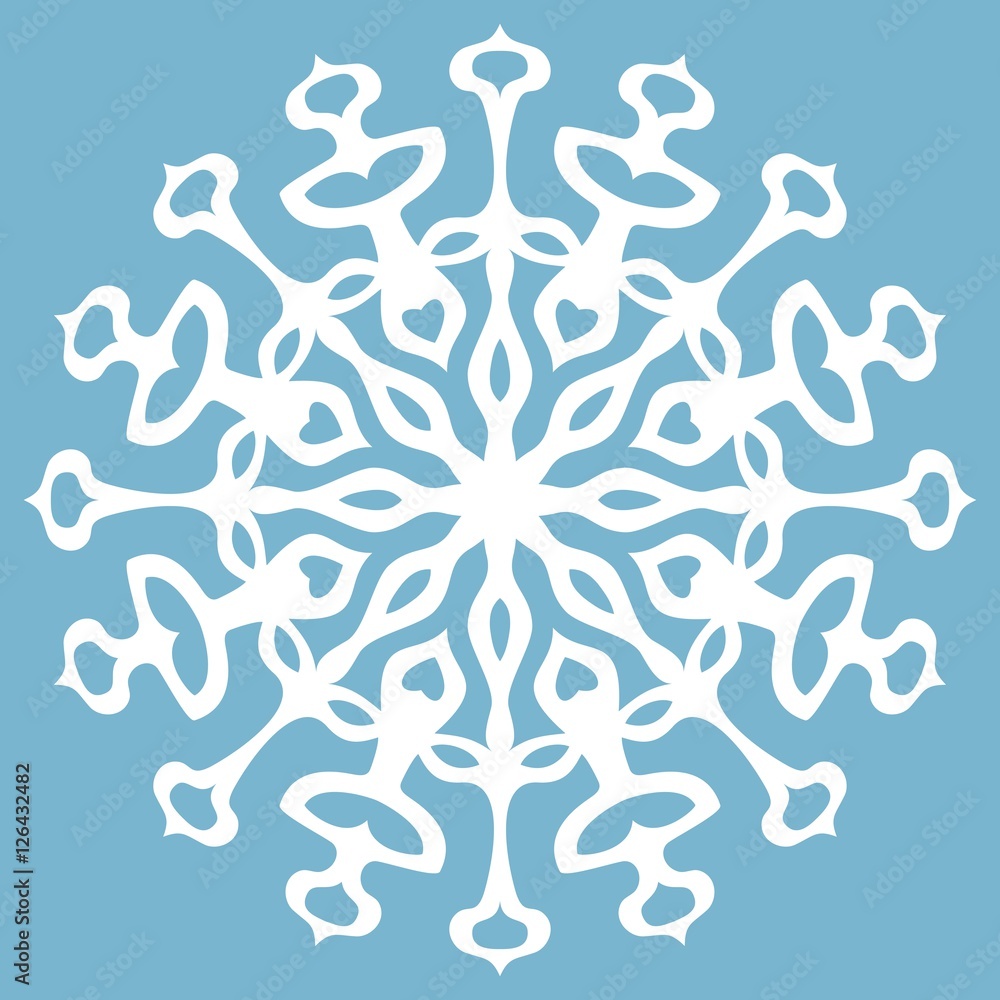 White snowflake on blue background.