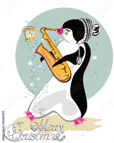 Series of cute penguins playing musical instruments. Christmas card.

