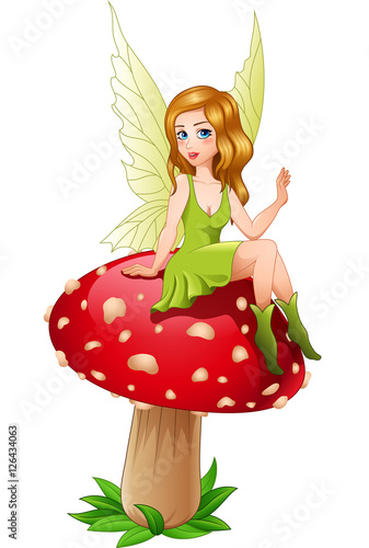 Cartoon fairy sitting on mushroom