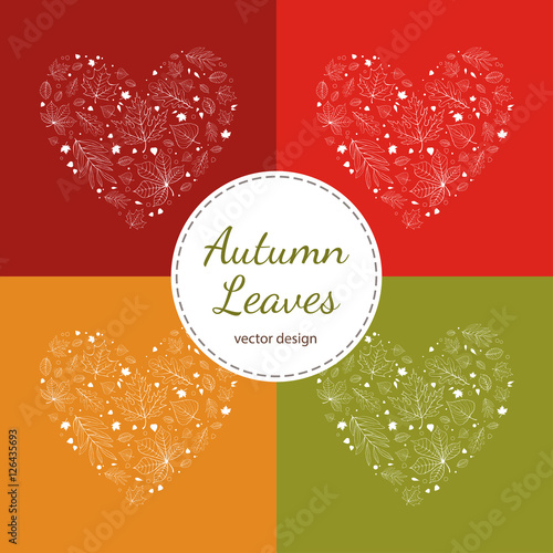 Set of autumn leaves heart designs white outline on red, yellow and green background.